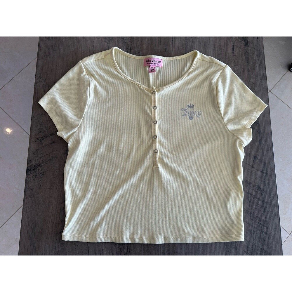 Juicy Couture Yellow Ribbed Knit Henley Snap Front Rhinestone Logo Size XL